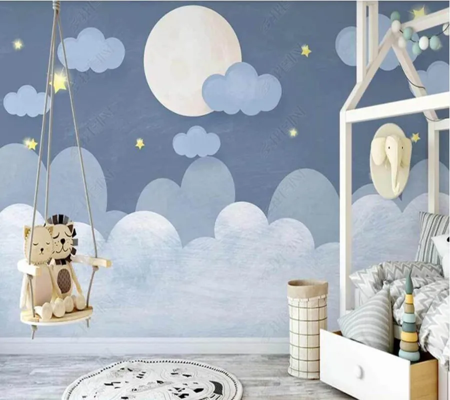 

Custom papel parede Nordic hand-painted blue cartoon clouds starry children's room for living room bedroom decoration wallpaper