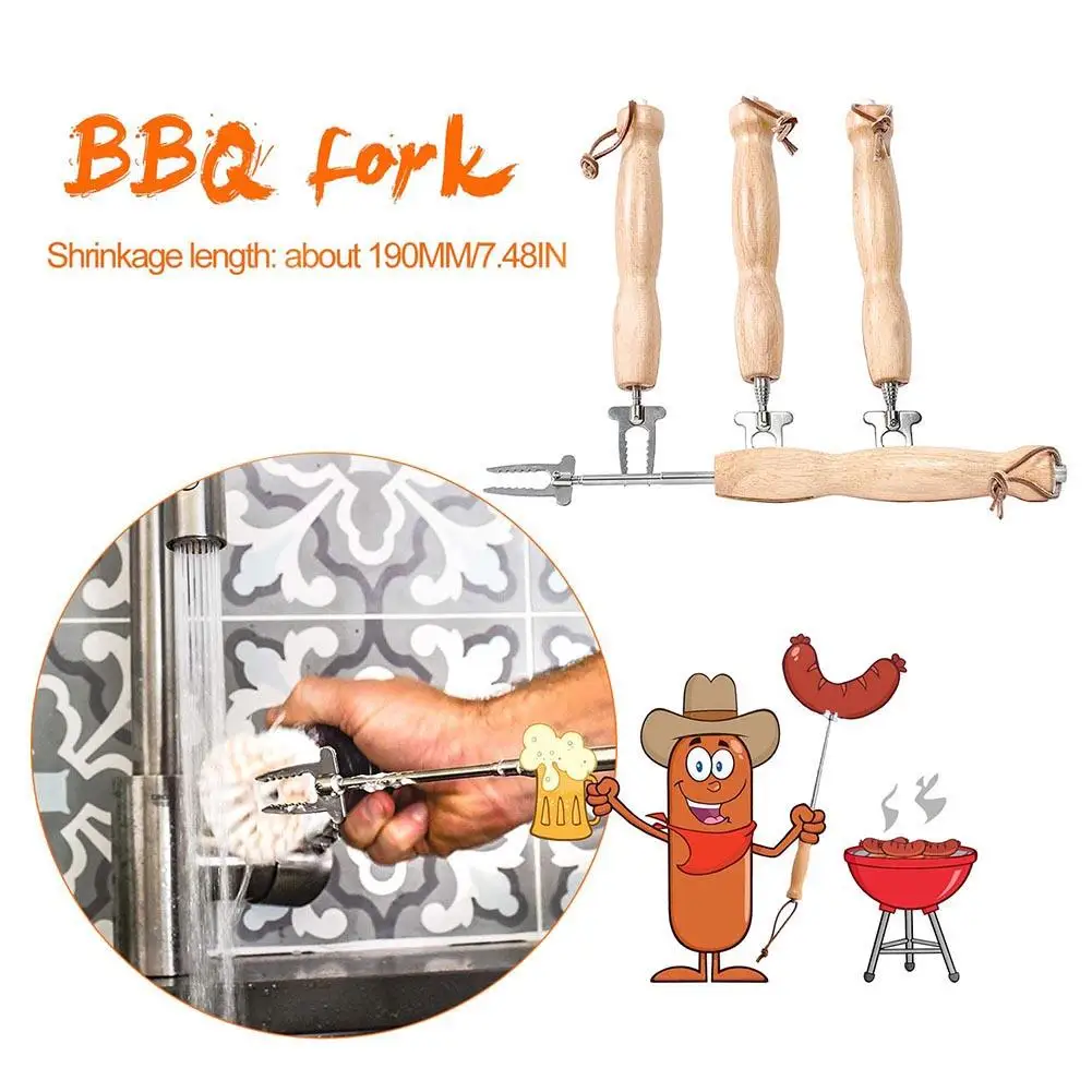 Grill Bar Retractable Rugged Wooden Stainless Steel Barbecue Fork Suitable for BBQ Hot Dog Telescopic Fork Child Safety Roasting