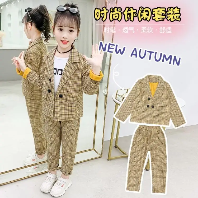 Girls Casual Plaid Suits For 3-13Y 2021 Spring Fall Kids Suit Clothes Children's Long Sleeve Jacket + Long Pants 2 Pcs Set P110