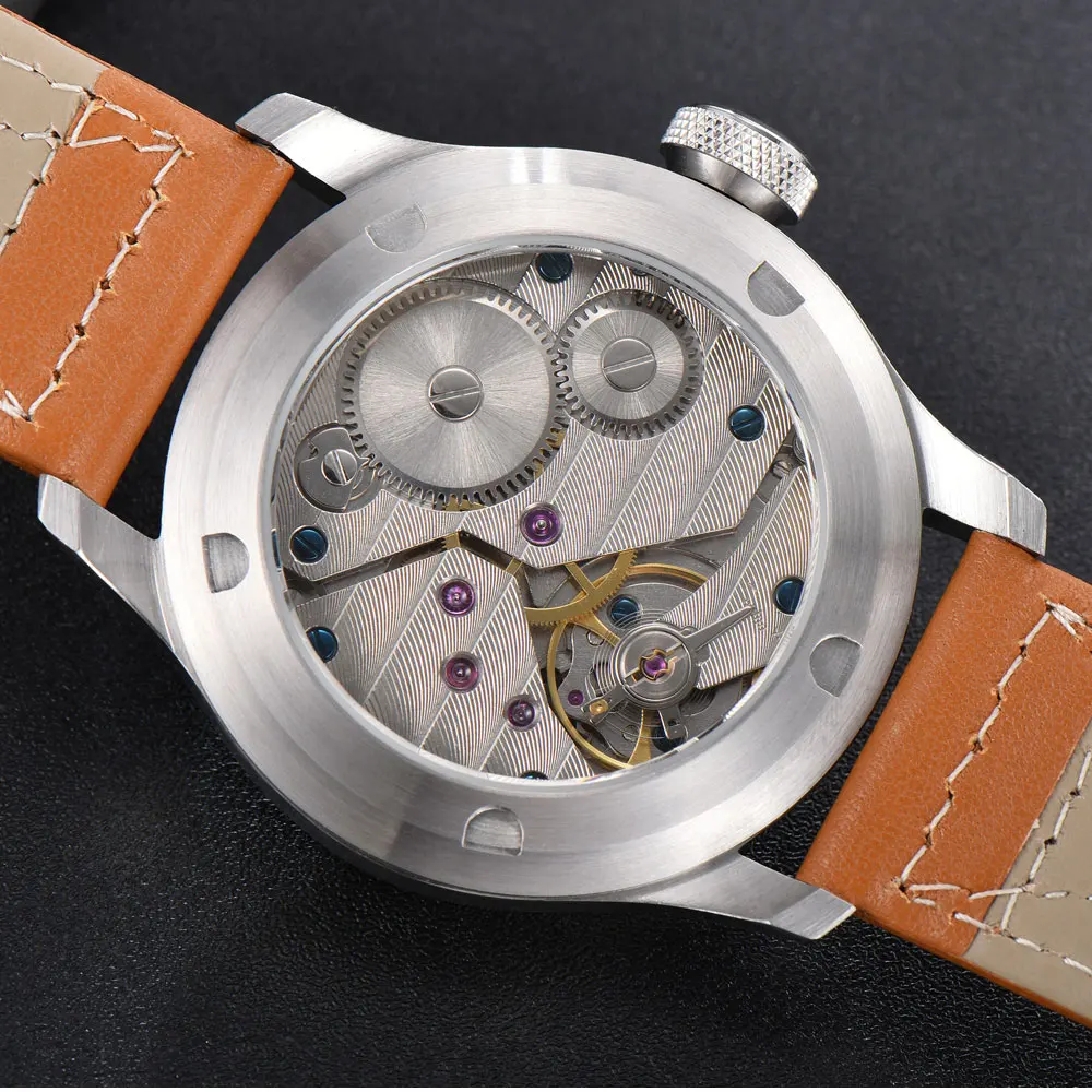 PARNIS Brand 46.5mm Big Mechancial Men Watch 6497 Movement Simple Dial Leather Band Seeing-Trough Backcover