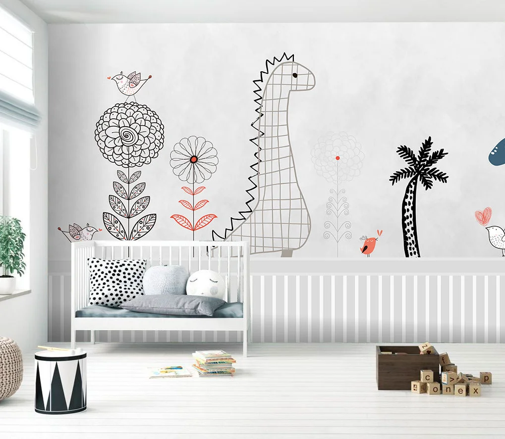 beibehang custom nordic cartoon flower dinosaur bird wallpaper TV background bedroom decor wallpaper for wall papers home decor