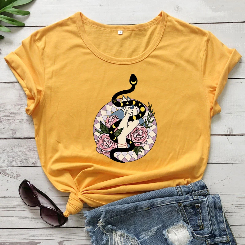 Boho Moon Phases Snake In Hand Colored T-shirt Aesthetic Witch Spiritual Tshirt Vintage Witchy Woman Gothic Graphic Tee Top