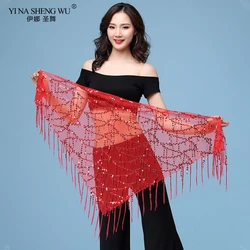 1 pz danza del ventre sciarpa dell'anca elastico lungo nappa triangolo paillettes Costume di danza del ventre sciarpa dell'anca scialle accessori cintura di prestazione