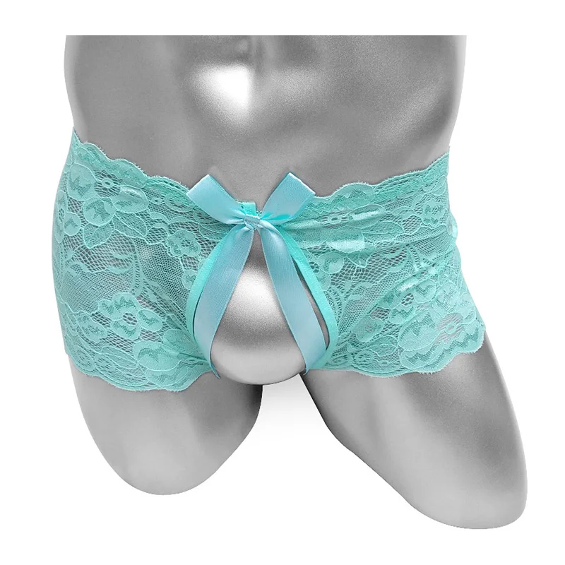 Crotchless Mens Lace Boxers Shorts Underwear See Through Bowknot Sexy Sissy Lingerie Panties Bikini Male Briefs Underpants