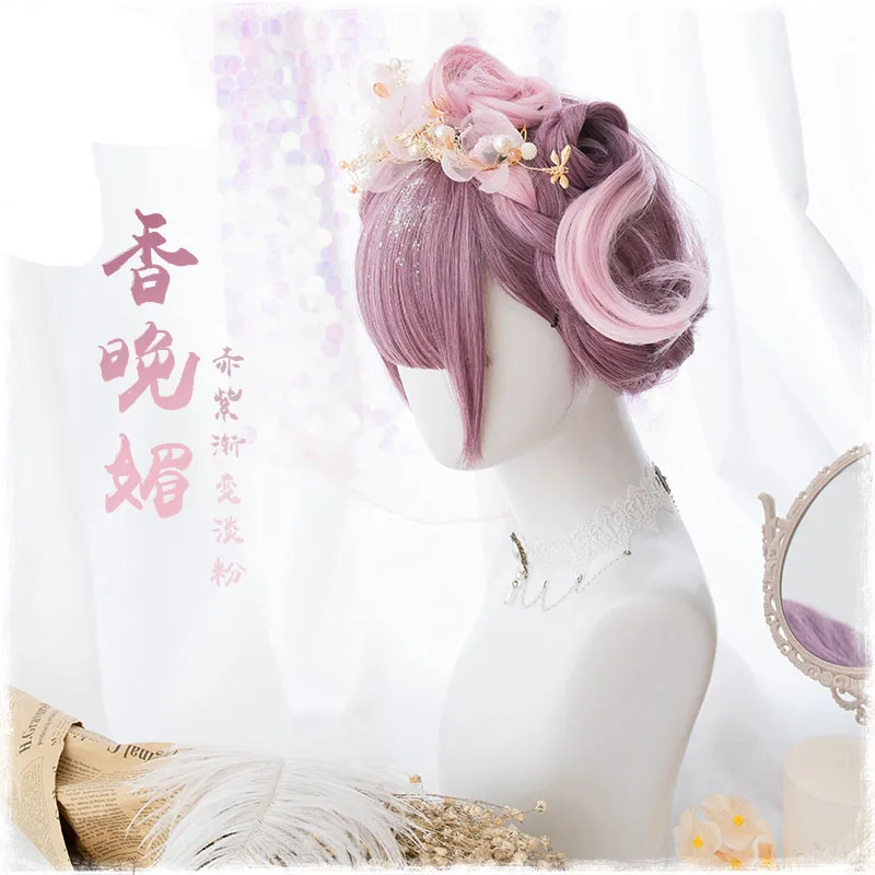 Parrucca donna Lolita 60cm capelli sintetici ricci lunghi cosplay principessa ragazza viola Ombre rosa Costume parrucche + cappellino parrucca