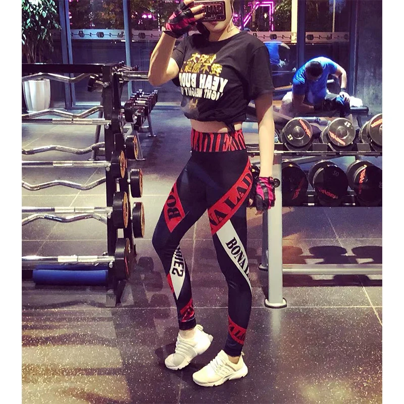 Sexy Women Letter Print Patchwork Fitness Leggings Pants Push Up High Waist Stretch Trouser Pant Work Out Running Gym Sportwear