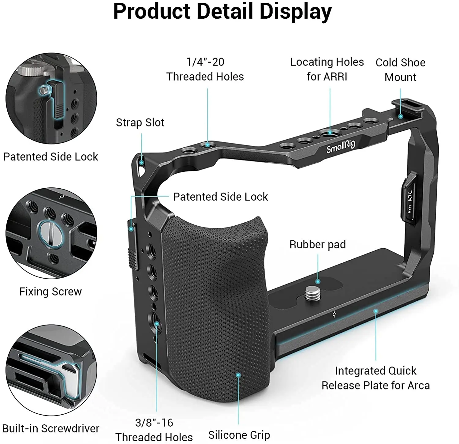 SmallRig Full Cage with Silicone Side Handle for Sony A7C with Locating Holes for ARRI Quick Release Plate Arca and Cold Shoe