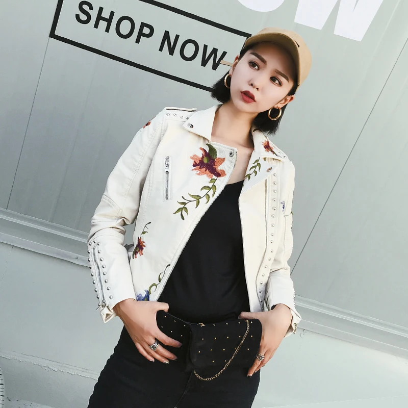 FTLZZ Floral Print Embroidery Women Pu Leather Jacket Turn-down Collar Faux Soft Leather Motorcycle Black Short Punk Outerwear