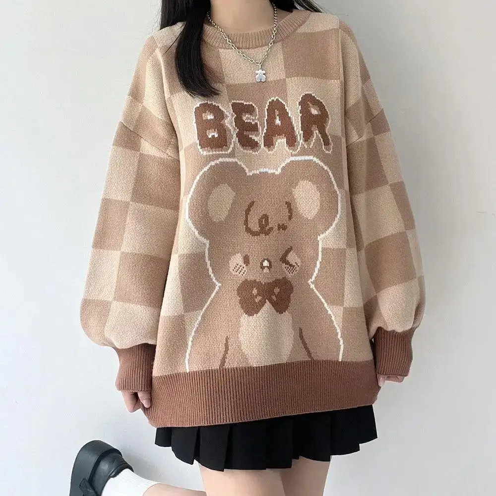 Vintage Light Brown Plaid Bear Cartoon Woman Sweaters Japan Kawaii Winter Tops Harajuku Fashion Teens Clothes Knitted Pullovers