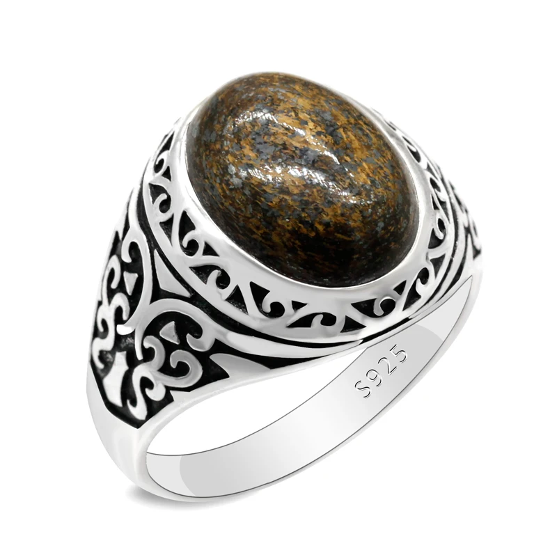 

Classic Genuine 925 Sterling Silver Men's Ring With Natural Bronze Grey Stone Animal Butterfly Punk Turkish Jewelry Ring Gift