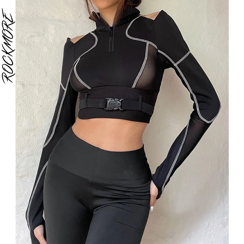 Rockmore Sexy Patched Buckle Crop Top Women T Shirt Gothic Hollow Out Long Sleeve Turtleneck Tees Punk Slim Corset Streetwear