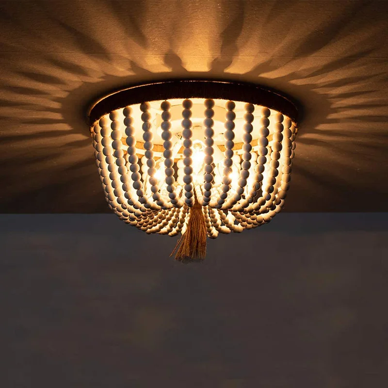 American Country Bohemian Wood Bead Ceiling Lamp Bedroom Cloakroom Corridor Entrance Ceiling Lamp