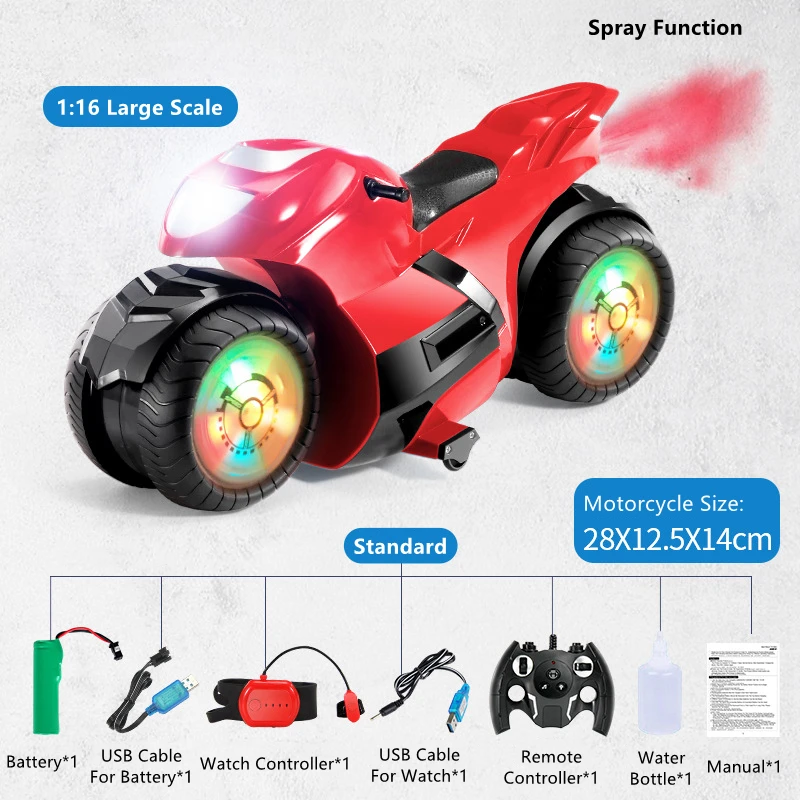 스턴트 RC 오토바이 리모컨 오토바이 중력 유도 시계 제어 스턴트 드리프트 자동차, 다채로운 조명 스프레이 RC 장난감