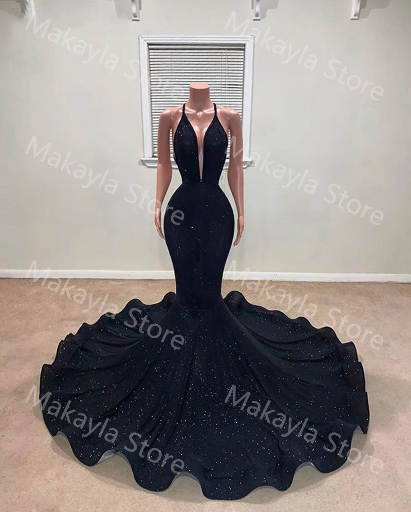 Vestidos de Fiesta elegantes y sexys de sirena para mujer, vestidos de fiesta de noche con cuello Halter sin mangas, largos de cola de barrido, talla grande, hechos a medida