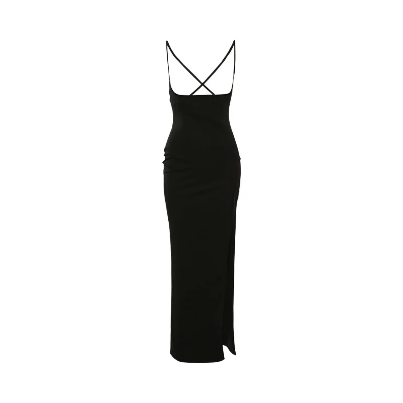 TVVOVVIN European Fashion Trend Low Collar Suspender Dress Women Sexy Backless Side High Split Party Black Dresses 4PLN