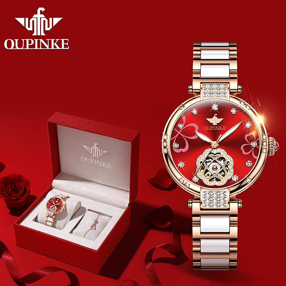 

OUPINKE luxury Skeleton Automatic watches for women dimond simulated ceramic Mechanical Wristwatch sapphire Gifs sets for women