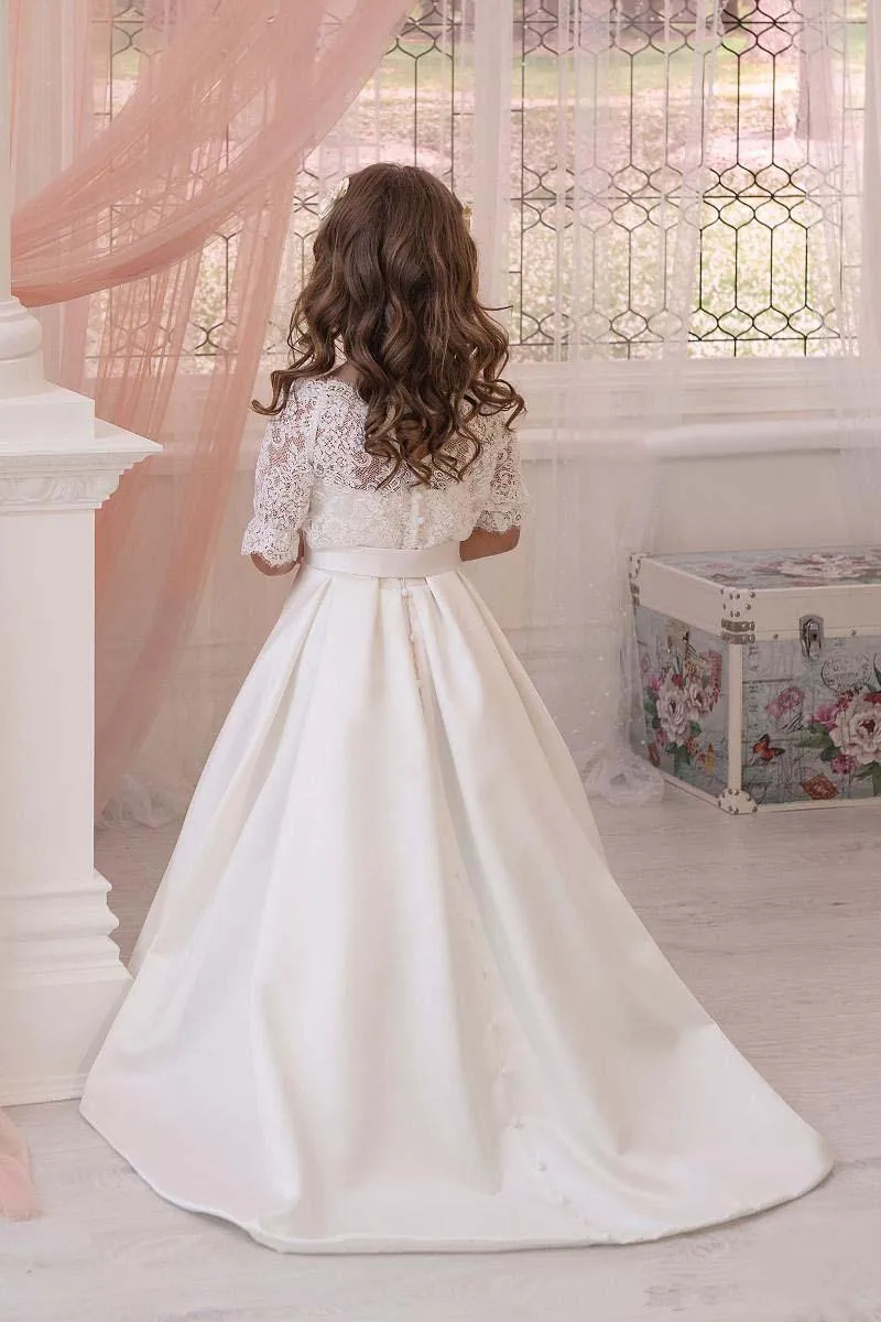 Vestido Formal De flores para niña, vestido De boda De media manga De encaje De satén marfil para niños, vestido De princesa De primera comunión