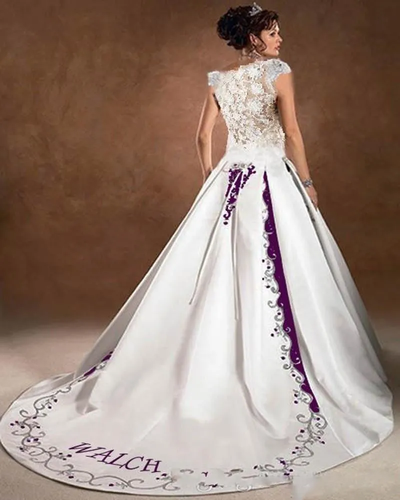 Purple And White Wedding Dress A Line Satin Lace Embroidery Court Train 2021 Luxury Capped Sleeves Scoop Bridal Wedding Gowns