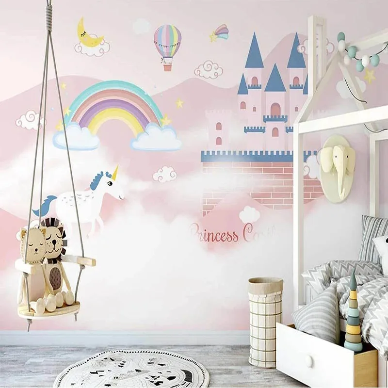 Kid's Bedroom Home Decor Mural Wallpaper 3D Pink Castle Hot Air Balloon Children's Room Background Wall Stickers Wall Covering
