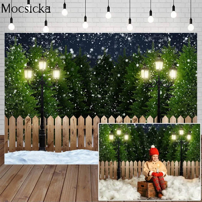 

Mocsicka Christmas Winter Snow Photography Backdrops Children Portrait Xmas Photo Studio Background Pine Fence Street Lamp Decor