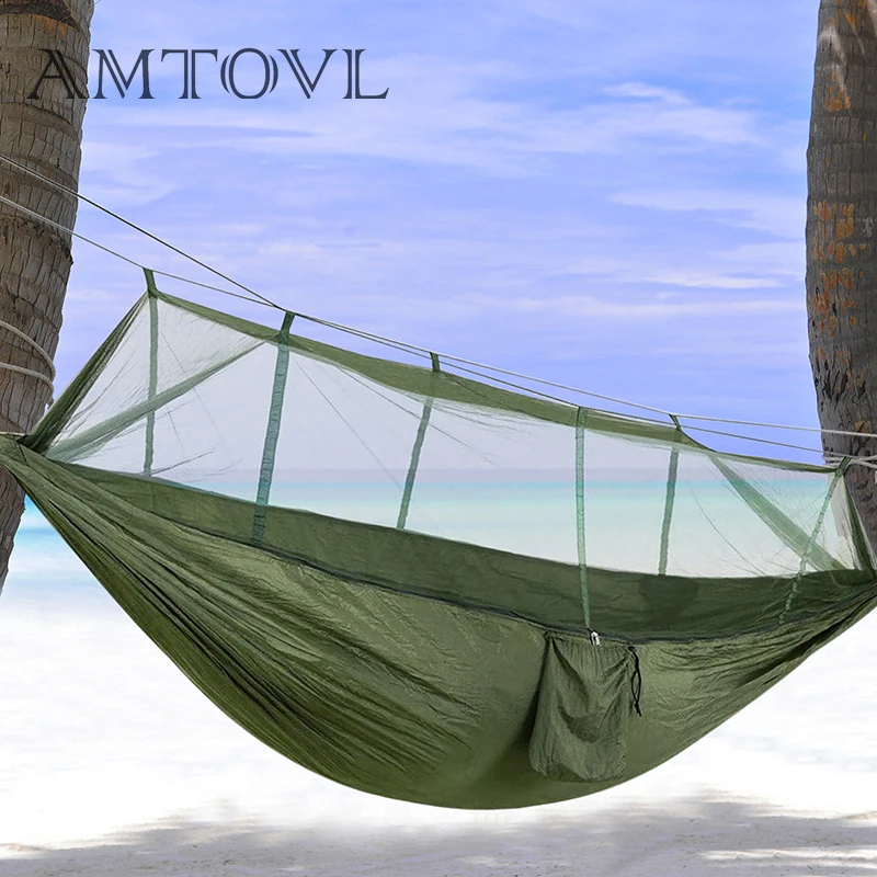 AMTOVL Portable Person Camping Hammock with Mosquito Net Ultralight Hanging Bed Strong Bearing Tree Tent Swing Sleeping Lazy Bag