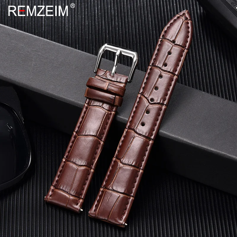 REMZEIM Universal Leather Watchband 16mm 18mm 20mm 22mm 24mm Men Women Black Brown Leather Calfskin Watch Strap Bracelet