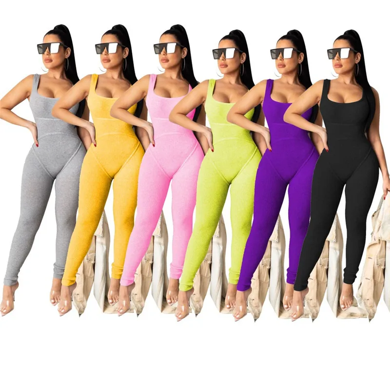 2021 Women Solid Ribbed Knitting Tank Jumpsuit O Neck Sleeveless Slim Romper Casual Active Overall Fitness Gym Workout Jumper