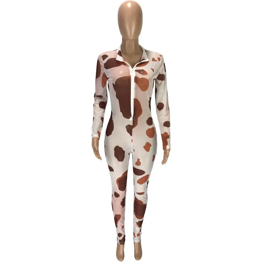 Bkld Dames Kleding Mode Sexy Visnet Bodysuit Printing Lange Mouwen Rits Mesh Transparante Jumpsuits Vrouwen 2020 Herfst Nieuwe