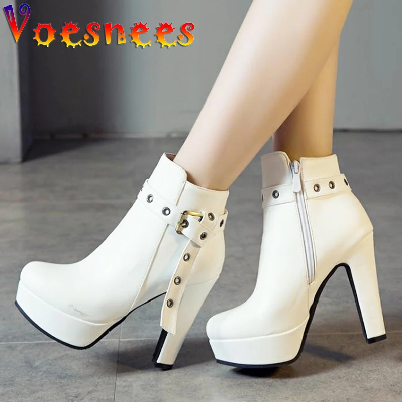 Voesnees Women's Shoes Female Platform Thick Heel Short Boots 2021 New Sexy Round Toe Side Zipper Belt Buckle High Heels