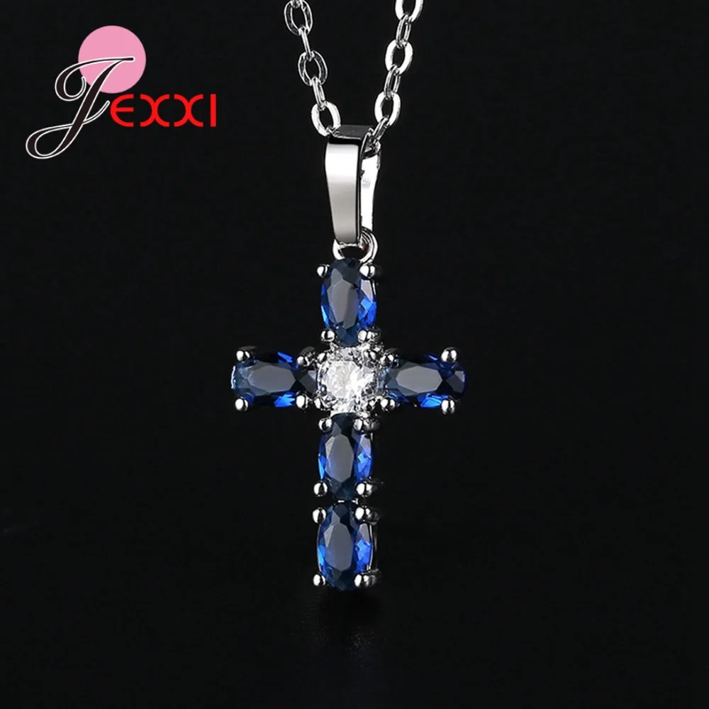 Big Discount Genuine 925 Sterling Silver Color Necklace With Shiny Blue CZ Crystal Cross Pendant Latest Style Wholesale/Retail