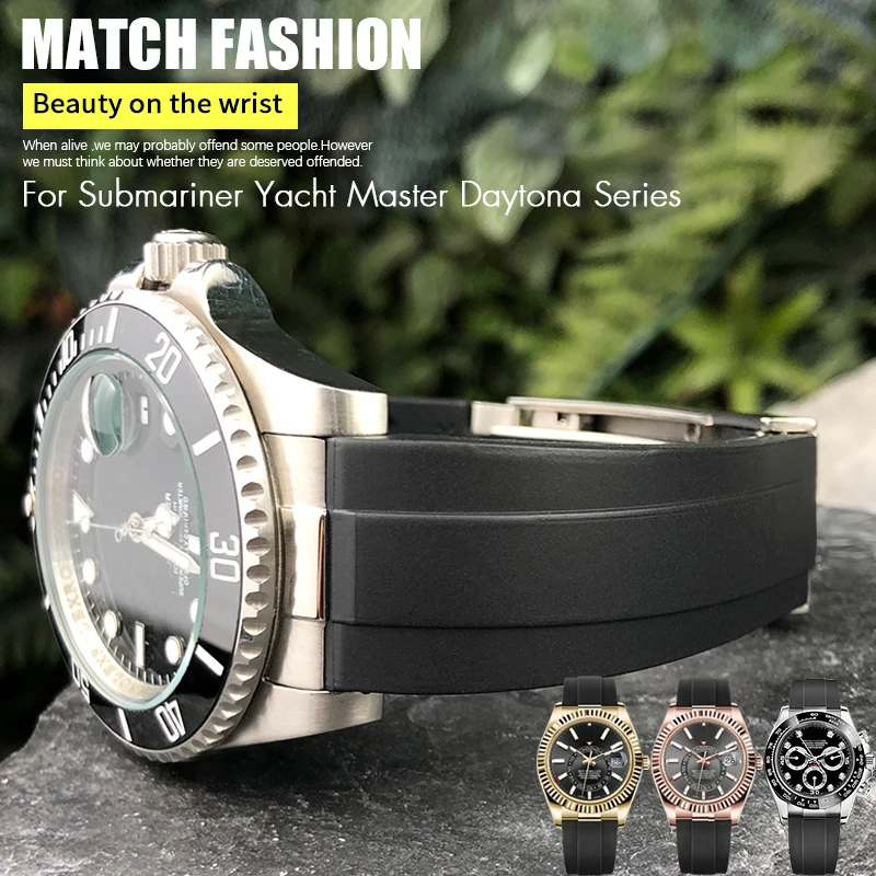 Metal Link Rubber Watchband Curved End 20mm Sport Strap for Rolex Daytona GMT Watch Yacht Master Submariner Fashion Green Belt