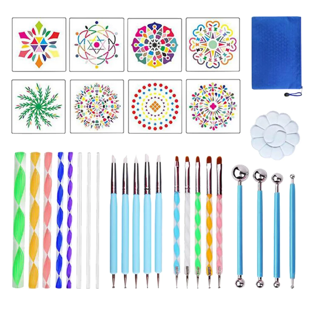 32PCS Mandala Dotting Tools Set Pen Dotting Tools Mandala Stencil Ball Stylus Paint Tray for Painting Rocks, Coloring, Drawing