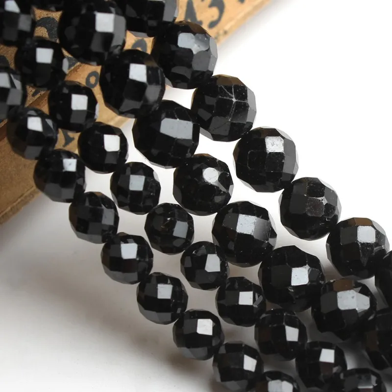 6/8mm Natural Faceted Black Tourmaline Stone Beads Round Loose Beads for Diy Bracelet Accessories Jewellery Making 7.5\'\'