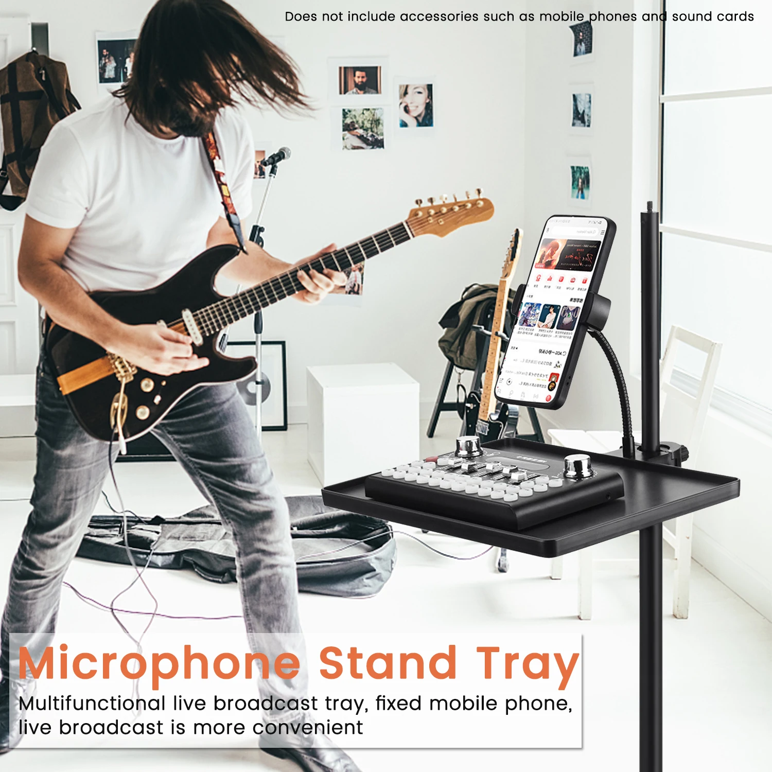 Mobile Phone Stand Microphone Shelf Clamp-On Rack Tray with Phone Clip for Music Sheet Clamp Live Streaming Holder