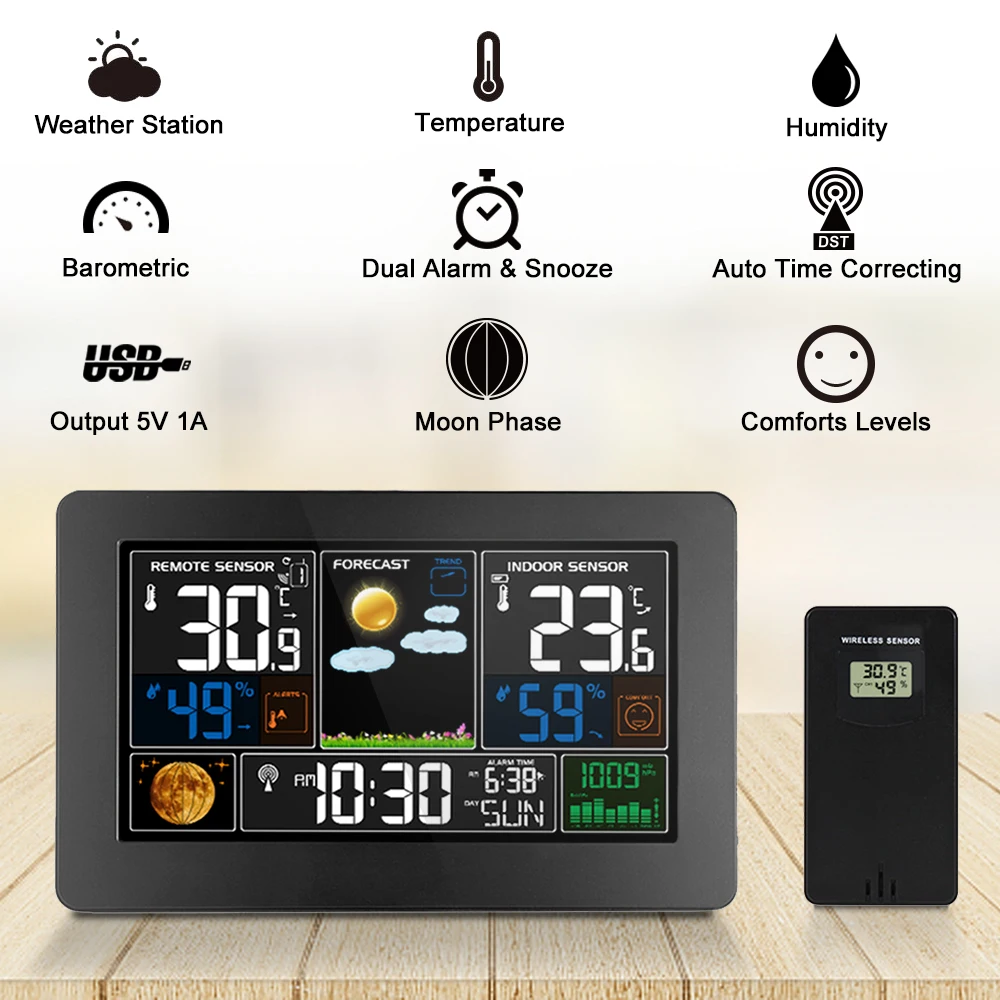 FanJu Weather Station Digital Wall Table Clock Alarm Indoor Outdoor Tempetature Humidity Barometer Wireless Remote Sensor