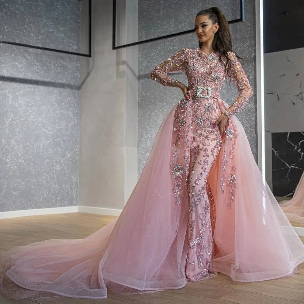 Arabia Pink Mermaid Evening Dresses with Detachable Train Crystal Beading Long Sleeves Prom Gowns Luxury robes de soirée