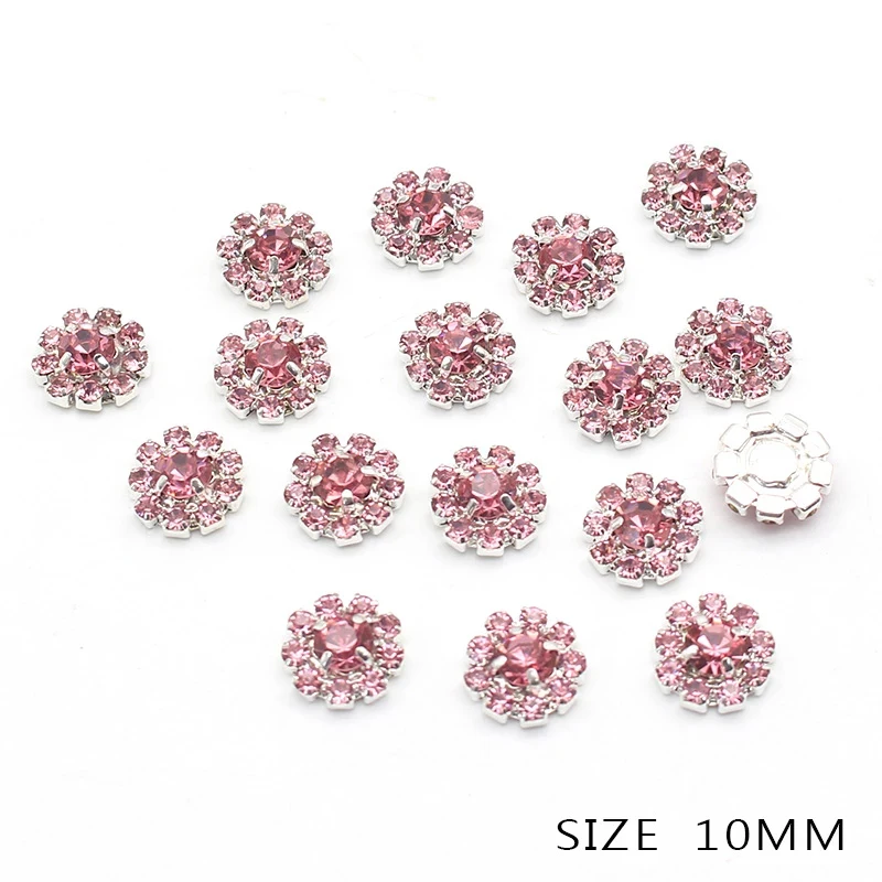 10PCS Silver Chic Shiny 10mm Pink Crystal Button For Wedding Invitation Rhinestone Buttons For Craft Garment Scrapbooking