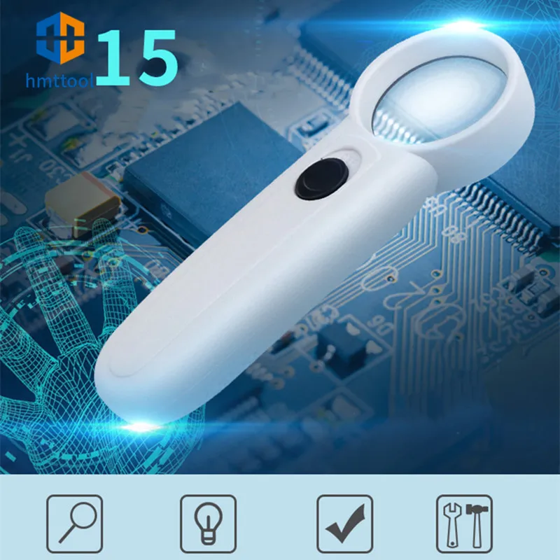 Handheld Type 15X Exclamation Mark Magnifying Glass Double LED Plastic Portable Magnifier For Phone Motherboard Repair Tool