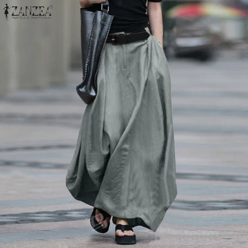 Rok Musim Panas Antik 2023 ZANZEA Rok Linen Katun Solid Pinggang Tinggi Wanita Rok Panjang Maxi Pantai Wanita Jupe Faldas 7