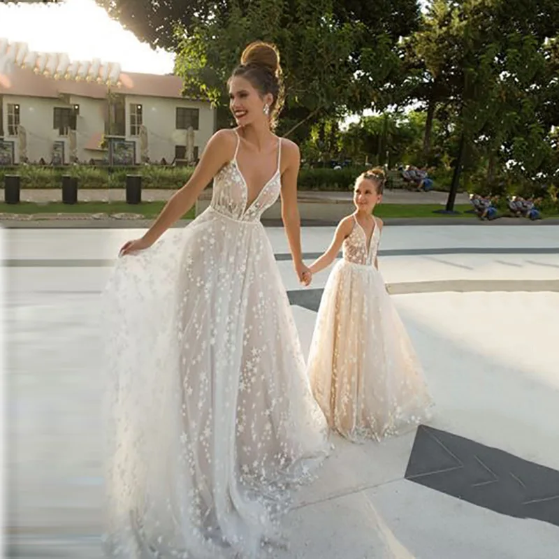 Vestidos de casamento do laço princesa querida pescoço 3d apliques praia boho mãe filha vestidos sem mangas vestidos de casamento personalizado