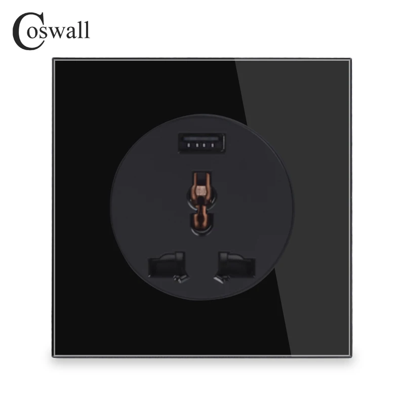 Coswall Crystal Glass Panel 13A Wall Outlet Universal 3 Hole UK EU Power Socket With USB Fast Charging Port DC 5V 2A R11 Series