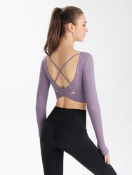 Sexy Yoga Shirts for Women Crop Top Open Cross Back Activewear Gym  Women's  Fitness Long Sleeve T-shirts