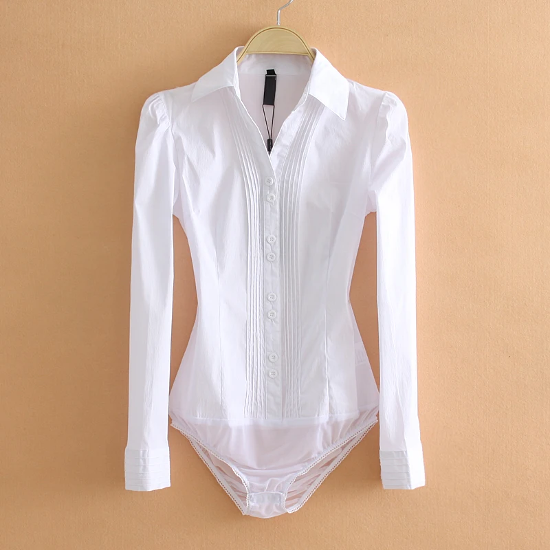 Office Wear Women Long Sleeve Button Bodysuit Shirts & Blouses with Pleated Front Elastic Mesh Panty White Black Blue S-5XL