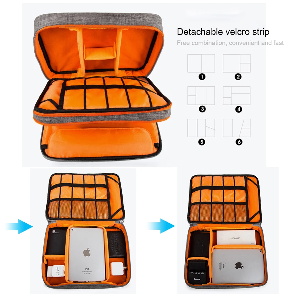 Double Layer Acessórios Eletrônicos Saco De Armazenamento, Sala Separada & Destaque Tiras, Caso Organizador Portátil para iPad, Discos Rígidos, Cabos