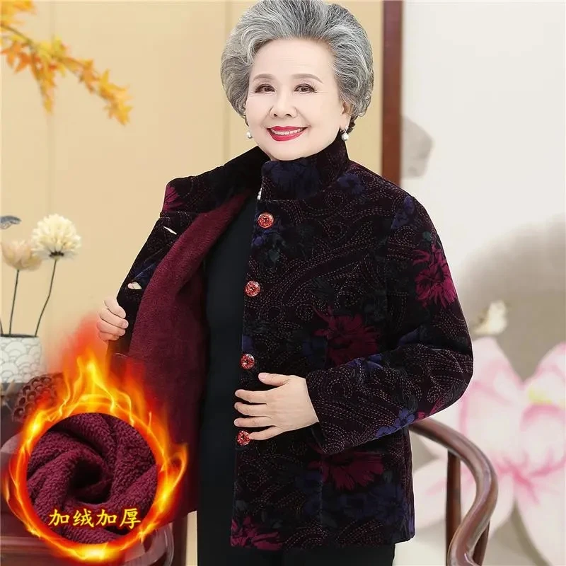 Grandma\'s Winter Coat Corduroy Clothes Female Middle-Aged And Elderly Thicken Mother Autumn Coat Cotton-Padded Jacket Print