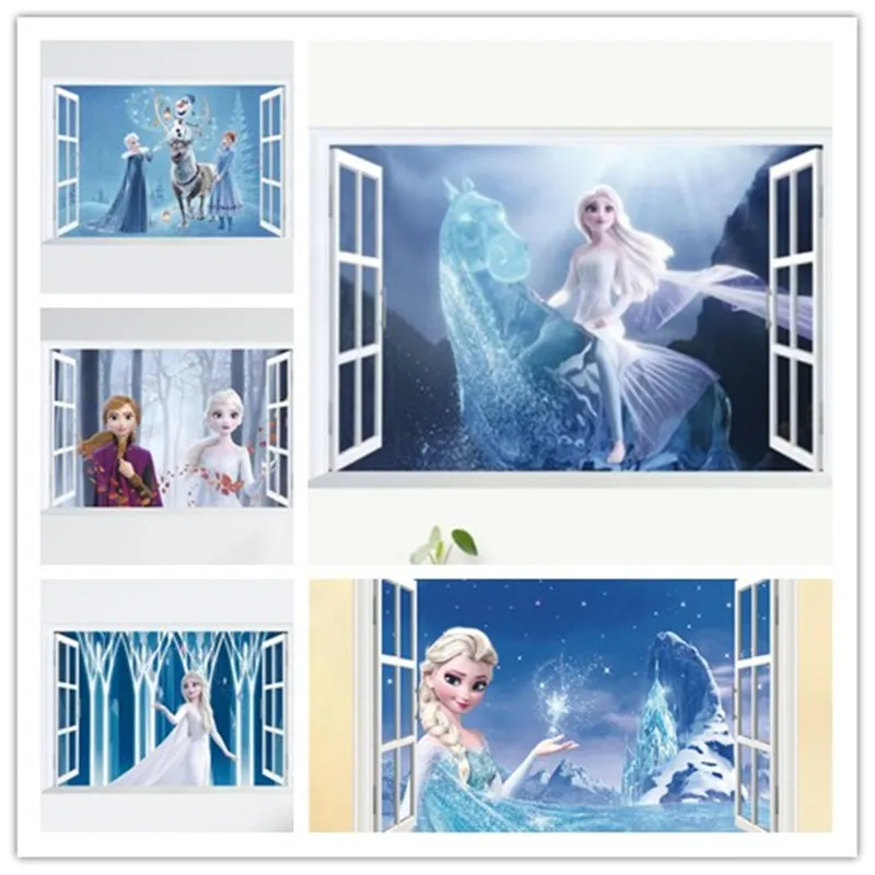 Vivid Cartoon  Frozen False window Wall Stickers For Kids Room  Bedroom DIY Wall Decoration  3D Anna Princess Movie Posters