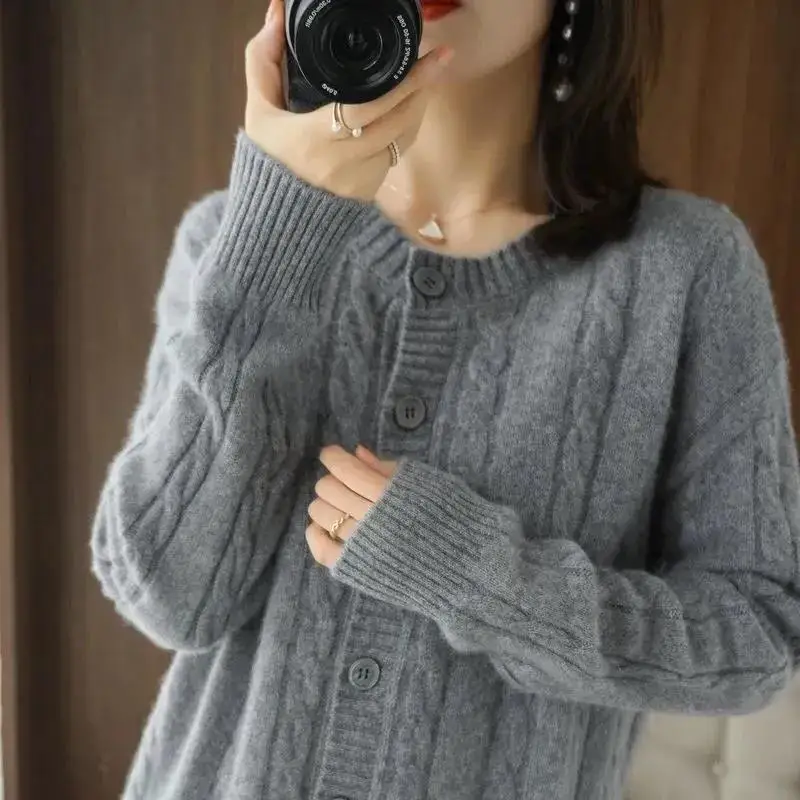 Autumn Winter New Imitation Wool Cardigan Tops Women Diamond Single-Breasted Hoodie Outwear Loose Knit Sweater Coat Retro Jacket