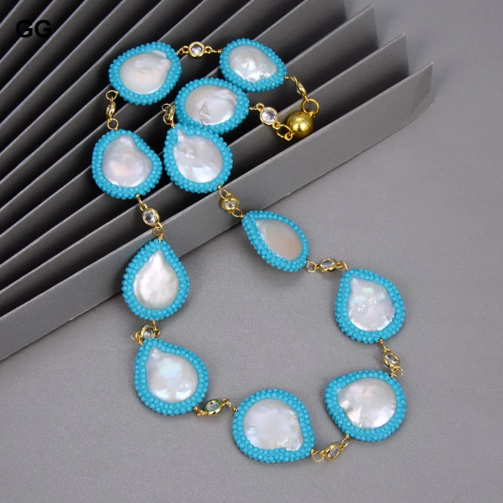 

GG 19" Natural White Coin Pearl Blue Crystal Pave Cz Necklace For Women