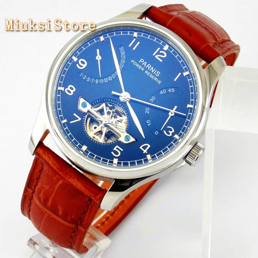 Parnis 43mm blue dial steel case power reserve automatic ST2505 leather mens business mechanical Watch