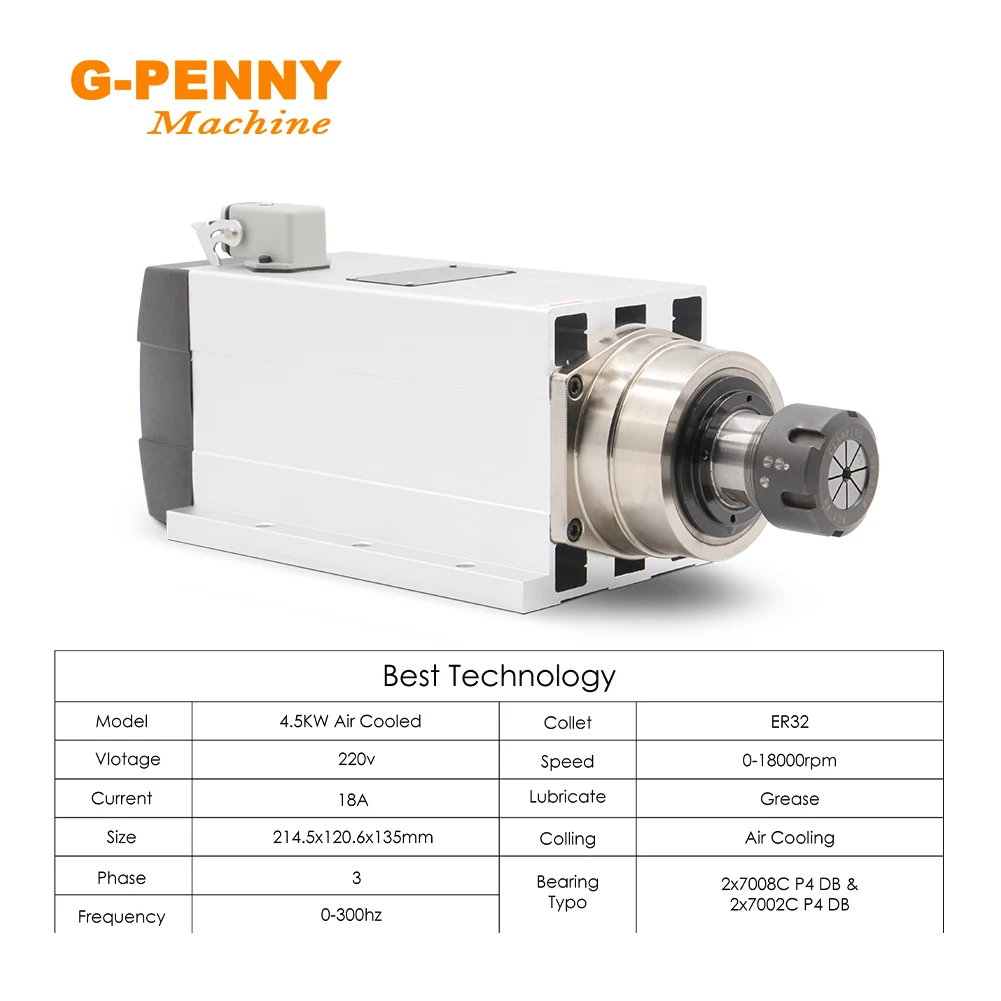 4.5kw ER32 air cooled spindle motor 220v/380v square spindle Ceramic ball bearings spindle 0.01mm accuracy